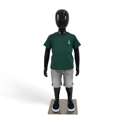 Faceless gloss black childrens mannequin, 87cm tall, with a durable metal base for kids’ clothing displays.