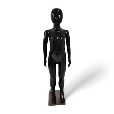 Faceless gloss black childrens mannequin, 110cm tall, with a strong metal base for retail kids’ fashion displays.