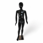 Faceless gloss black childrens mannequin, 140cm tall, with a strong metal base for retail kids’ fashion displays.