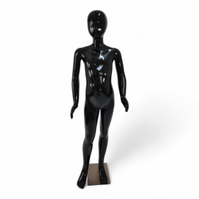 Faceless gloss black childrens mannequin, 140cm tall, with a strong metal base for retail kids’ fashion displays.