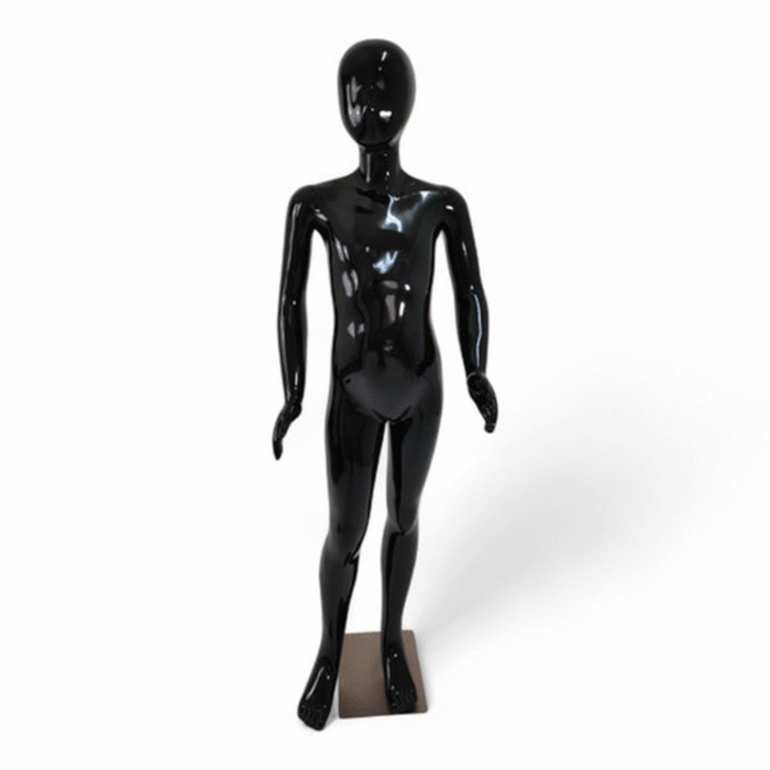 Faceless gloss black childrens mannequin, 140cm tall, with a strong metal base for retail kids’ fashion displays.