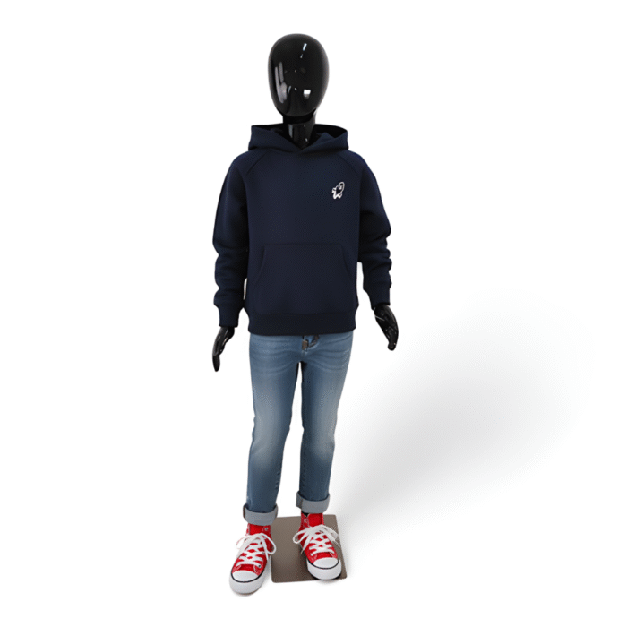Faceless gloss black childrens mannequin, 140cm tall, with a strong metal base for retail kids’ fashion displays.