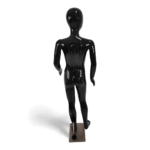 Faceless gloss black childrens mannequin, 140cm tall, with a strong metal base for retail kids’ fashion displays.