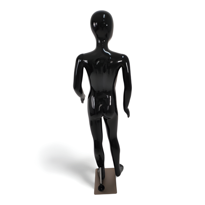 Faceless gloss black childrens mannequin, 140cm tall, with a strong metal base for retail kids’ fashion displays.