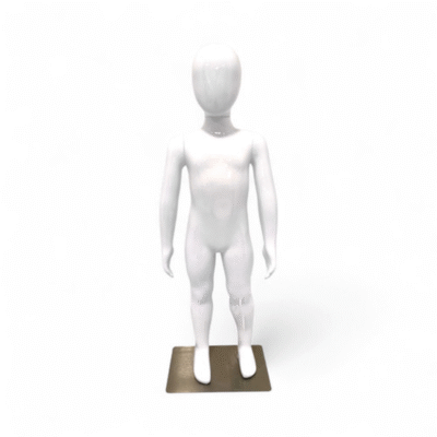 Faceless gloss white childrens mannequin, 87cm tall, with a sturdy metal base for kids’ fashion retail displays.