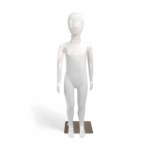 Faceless gloss white childrens mannequin, 110cm tall, with a durable metal base for kids’ fashion displays.
