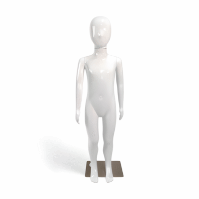 Faceless gloss white childrens mannequin, 110cm tall, with a durable metal base for kids’ fashion displays.