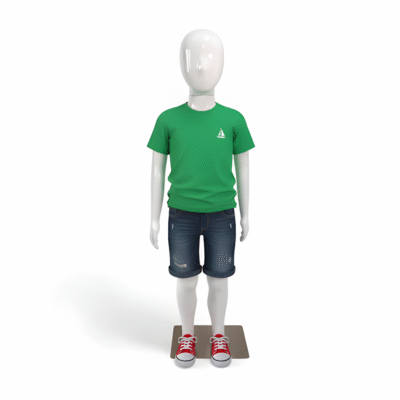 Faceless gloss white childrens mannequin, 110cm tall, with a durable metal base for kids’ fashion displays.