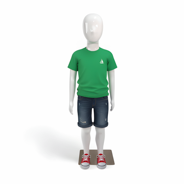 Faceless gloss white childrens mannequin, 110cm tall, with a durable metal base for kids’ fashion displays.