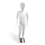Faceless gloss white childrens mannequin, 140cm tall, with durable metal base for retail clothing displays.