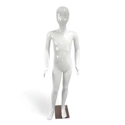 Faceless gloss white childrens mannequin, 140cm tall, with durable metal base for retail clothing displays.
