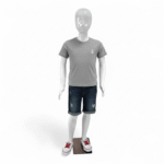 Faceless gloss white childrens mannequin, 140cm tall, with durable metal base for retail clothing displays.
