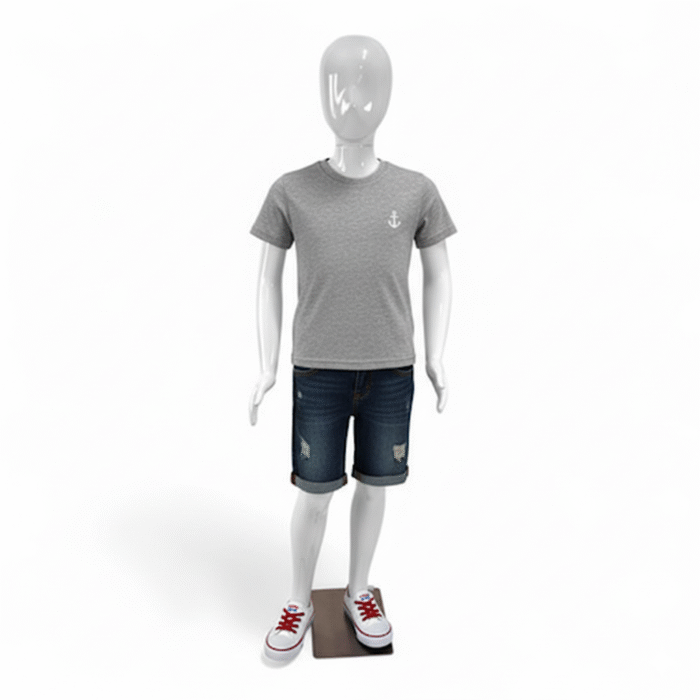 Faceless gloss white childrens mannequin, 140cm tall, with durable metal base for retail clothing displays.