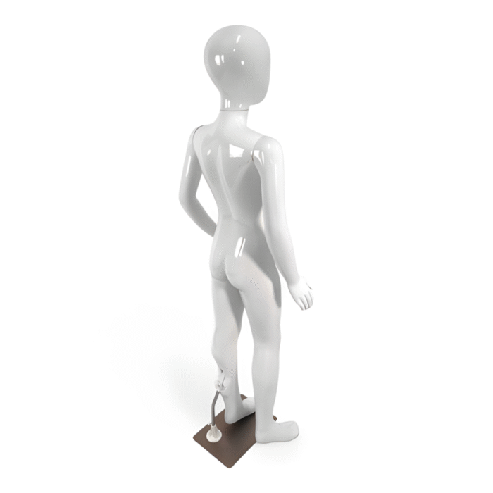 Faceless gloss white childrens mannequin, 140cm tall, with durable metal base for retail clothing displays.